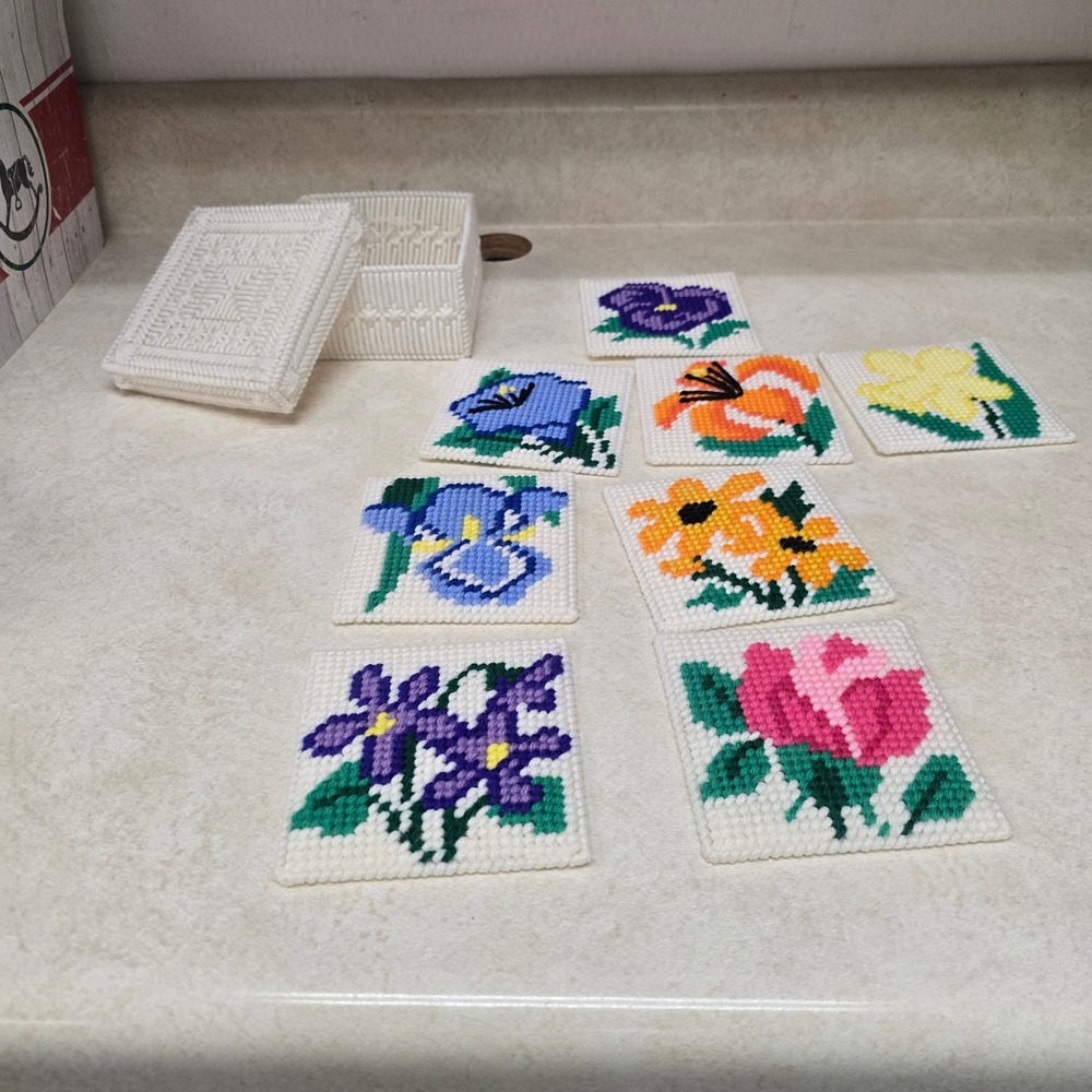 Vintage Floral Plastic Canvas Coaster Set 8pc with Matching Storage Box White